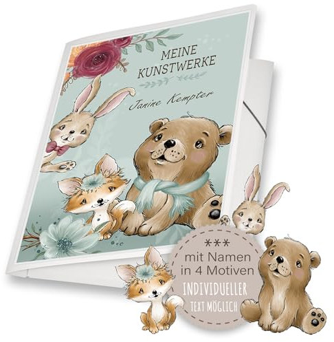Zeichenmappe A4 oder A3 Schule Kindergarten Mappe personalisiert mit Namen Foresto Bäe Fuchs Hase - Kunstwerke Erinnerungsmappe Sammelmappe Junge Mädchen