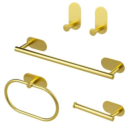 Sarsumir Gold Towel Rail Wall Mounted Toilet Roll Holder Hand Towel Holders For Bathrooms & Kitchen Stainless Steel Towel Rack Self Adhesive Hooks - 5 Pieces Bath Accessories Kit No Drilling