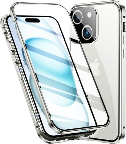 LIUKM Hülle für iPhone 15 Magnetische Adsorption Handyhülle 360 Grad Stoßschutz Vorne hinten Gehärtetes Glas Schutzhülle Metallrahmen Case - Silber