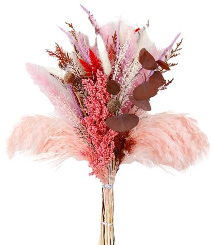 JYCRA Rosa Pampas Gras Bouquet Gemischter Trockenblumenstrauß Boho Trockenes Schilfgras Federn Blumenstrauß Getrocknetes Pampasgras Dekor für Tischdekoration(#1)