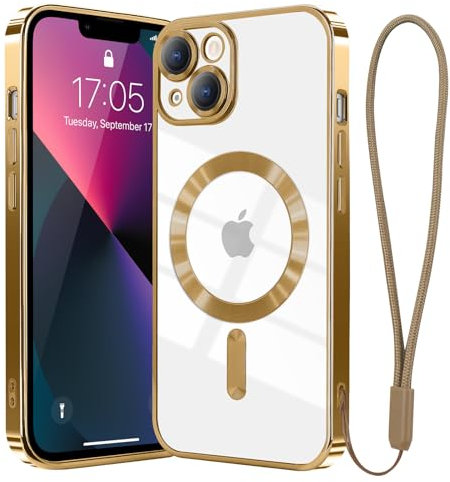 Ethanger for iPhone 13 Case Compatible with MagSafe Luxury Plating Bling Shockproof Bumper with Camera Lens Protector Magnetic Women Girly Phone Case for iPhone 13, Gold