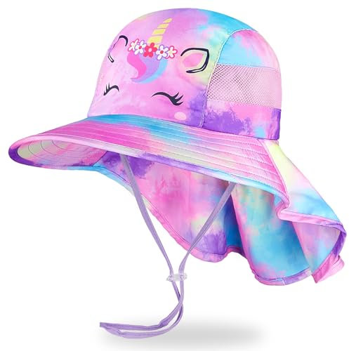 MHJY Sonnenhut Kinder Sonnenmütze Mädchen Hut Sommer UV Schutz 50 Mützen Einhorn Anglerhut Breite Krempe Kappe mit Nackenklappe Kleinkind 2-9 Jahre