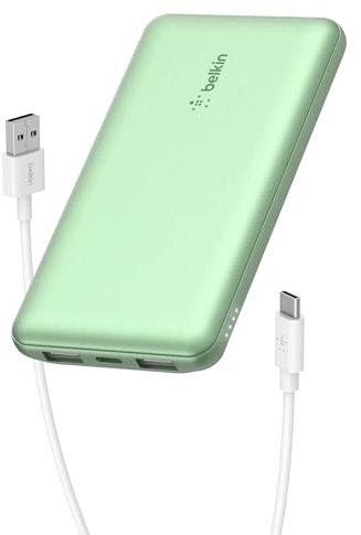 Belkin Portable Charger, USB-C Power Bank 10000 mAh w/ 2xUSB-A Ports, 15W w/Type-C to Type-A Cable for iPhone 17, Air, Pro, Samsung Galaxy S25, iPad, Nintendo Switch 2, Google Pixel 10, etc. - Green