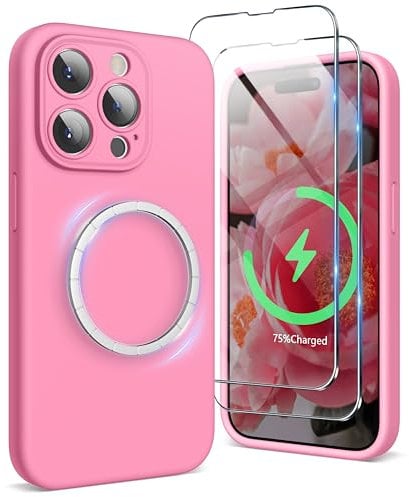 SURPHY Magnetic Case for iPhone 15 Pro Max Case with Screen Protector, Liquid Silicone Anti-Scratch Compatible with MagSafe Gel Rubber Phone Case for iPhone 15 Pro Max 6.7 inch (Peach Pink)