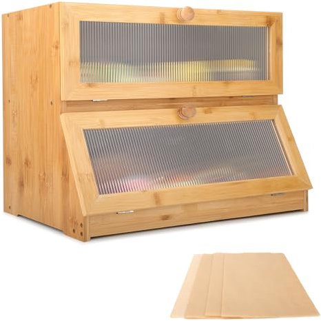 Wuciray Boîtes à Pain Bois 2 Niveaux avec 50pcs Papier Rangement Sulfurisé Huche à Pain Paniere Grande Capacité