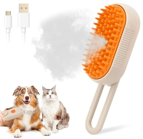 VAWSVOCS Brosse pour chat, avec eau, 3 en 1, Steamy Brush, polyvalente, auto-nettoyante, massage, soin et épilation pour chat et chien, couleur kaki