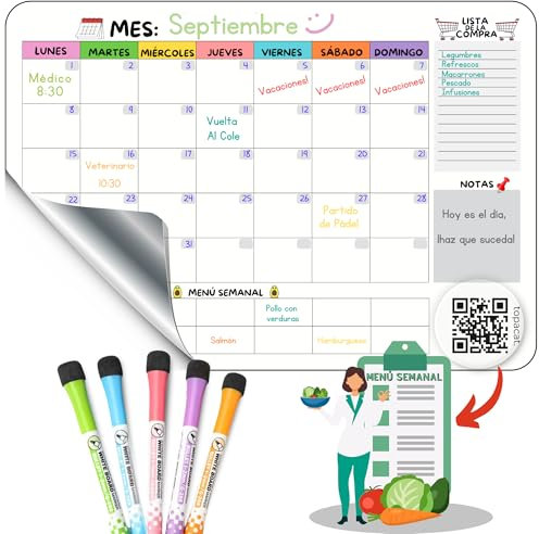 Calendario Magnético Nevera A3 + 5 Rotuladores + Menús Semanales. Planificador Mensual, Lista De La Compra, Organizador Comida Semanal Frigorífico, Calendario Cocina, Tablero Borrable Mensual. 2025