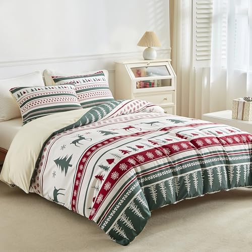 Tokokimo Duvet Cover Set Double Green Bedding Set - Snowflake Print Red Green Double Duvet Set (1x Quilt Cover + 2x Pillowcases) Soft Microfiber Bedding 200x200 cm