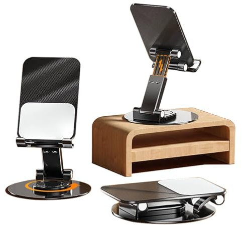 BAFUGU Porta Cellulare Da Tavolo Girevole a 360°,Supporto Telefono Scrivania Pieghevole e Regolabile,Stand iphone Portatile per iphone15/14/13/12Pro,Galaxy(Nero)