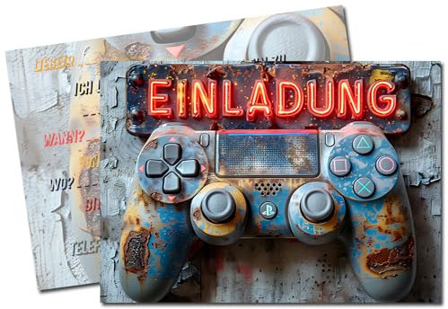 Vielucks® 15 x Gaming Einladungskarten - DIN A6 - Original,Einladungskarten Kindergeburtstag Junge Mädchen, Geburtstagseinladungen,Gaming Konsolen Zocker Party deko,Thema Partyspiel (Grau)