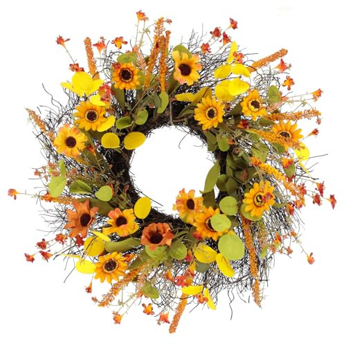Türkranz Herbst 50cm 20 Künstlich Türkranz Herbstdeko Kranz Sonnenblume Ahornblatt Reisähren Kranz für Haustür Decor für Halloween Thanksgiving Weihnachts