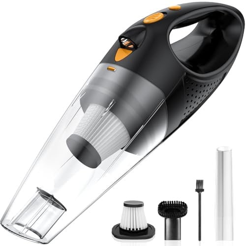 Powools Aspirateur à Main sans Fil avec 2 Filtres, Aspirateur de Voiture Puissant avec Charge Rapide, Mini Aspirateur Rechargeable Portable avec Batterie Grande Capacité, Orange, 14.3X4.6X4.0