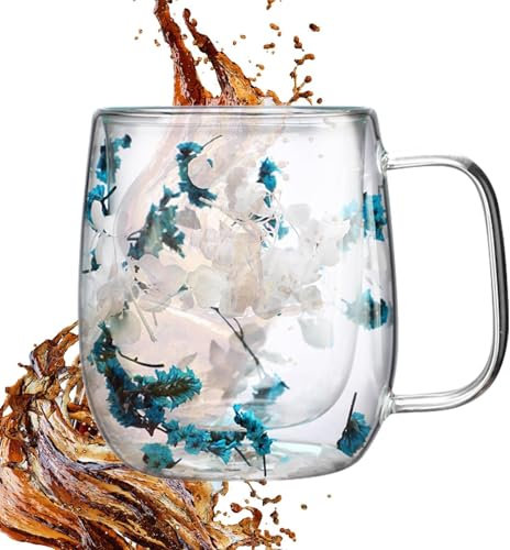 Teetasse mit Blumenmuster, elegante Tasse mit getrocknetem Blumen-Design, doppelwandige Isolierung, Getränkegläser Espressotassen für Milch, Saft