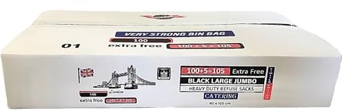 Premium Crown01 105 Large Black Bin Bags Heavy Duty Refuse Sacks Capacity 100 Litre, Extra Strong Garbage Bags for Commercial Use, Garden, Kitchen, Office, Caterers, 105 x 80cm