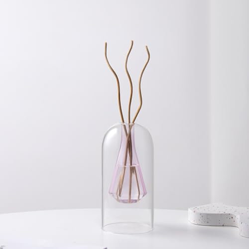 Room Decor Aromatherapy Diffuser Bottle, Transparent Double Glass Vase, Nordic Style Desk Fragrance Diffuser Bottle, Hydroponic Pot Vase(Pink)