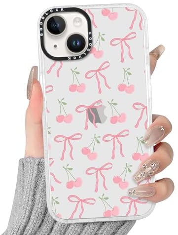 Yoedge Transparent Pink Bow Phone Case for iPhone 15 6.1 Inch, Ultrathin Soft TPU Silicone with Cherry Aesthetics Pattern Design,Shockproof Bumper Protector Matte Clear Cover, for Girls and Women