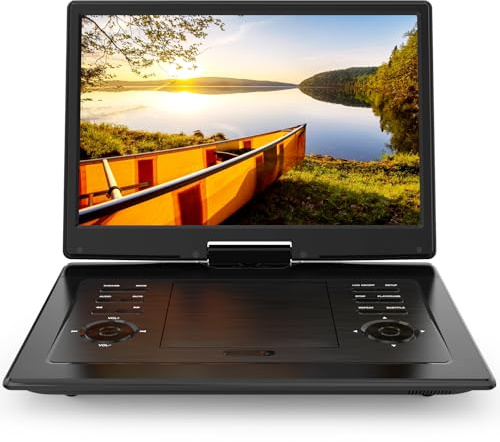 18 inch portable DVD player with 15.6 inch large HD screen, 4-6 hours rechargeable battery, support USB/SD card/TV sync and multiple formats of
