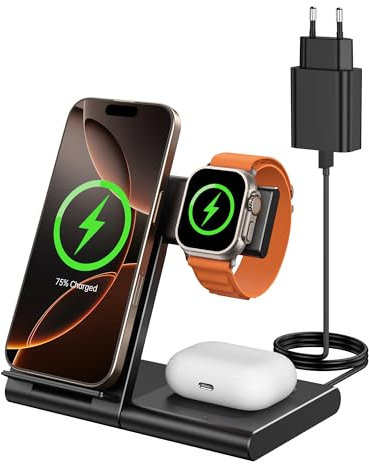 3 in 1 Kabelloses Ladegerät Induktive Ladestation für Apple Watch und iPhone für iPhone 16/15/14/13/12/11/X/XS/XR/8, für Air Pods 2/3/4/Pro/Pro2,für Apple Watch 10/9/8/Ultra/7/6/SE/5/4/3/2