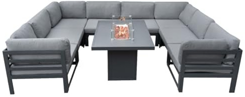 Modulares Gartenlounge-Set Groß Grau 8-Sitzer U-Form Sofa mit Kissen, Tisch & Gasfeuerstelle 9-teiliges Aluminium-Gartenmöbelset für draußen Eckset Terrasse Balkon [inkl. Wasserdichte Regenabdeckung]
