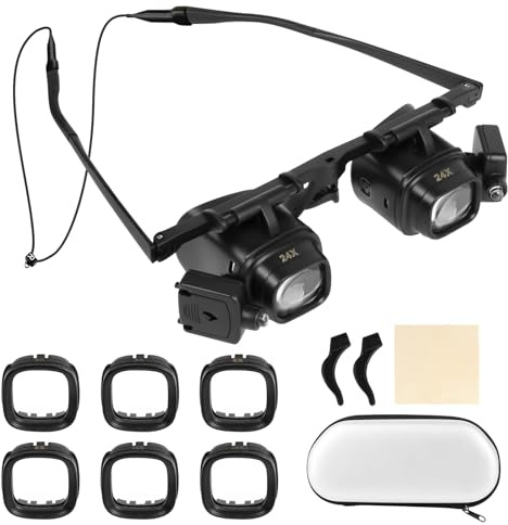 Ainiv Lupenbrille mit Licht, Lupe zur Kopfmontage, 4 Abnehmbare Linsen | Lupe Brille 2.0X 6.0X 10.0X 24.0X, 2 LED-Leuchten, Freihändige Leselupe zum Lesen, Schmucklupe, Elektronische Reparatur
