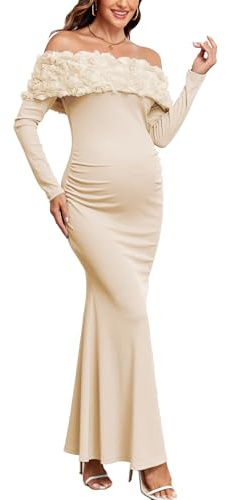AISWI 3D Floral Off The Shoulder Maternity Dress Sexy Ribbed Mermaid Maxi Bodycon Pregnancy Dresses Baby Shower