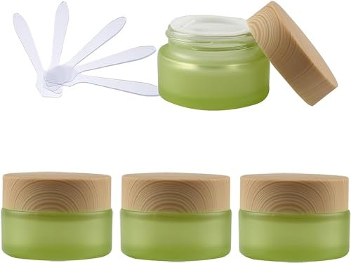 YKMYXZ, 4 Stück 50 ml Leere grüne Glas-Kosmetikgläser mit Schraubdeckel, 50 g kleine Behälter, Aufbewahrungstopf for Kosmetikreisen + 4 x Spatel(20ml)