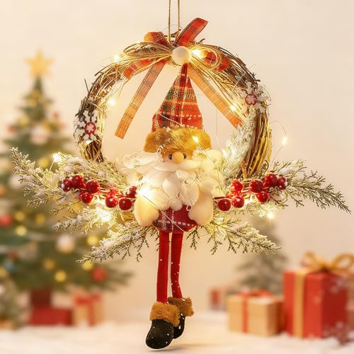Corona de puerta de Navidad, corona navideña de 35 cm para puerta principal, corona navideña de Papá Noel LED, corona de Navidad de ratán, decoración navideña para puerta, corona navideña para puerta
