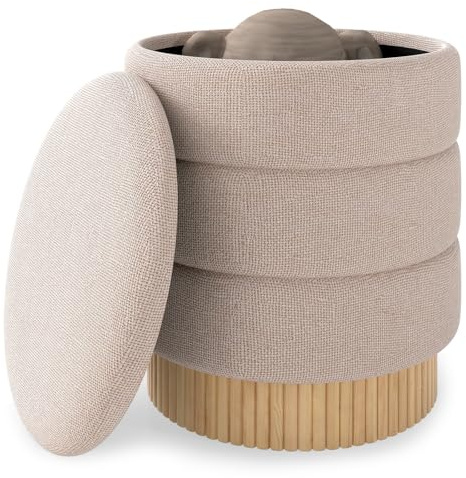 COSTWAY Round Storage Ottoman, 35L Chenille Upholstered Footstool Pouffe Footrest with Removable Lid and Solid Wood Base, Padded Dressing Vanity Stool Chair Makeup Seat for Living Room Bedroom