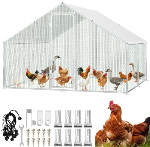 Hebitod Freilaufgehege Hühnerstall, 3m x 3m x 2m Metall Käfige Kleintierstall mit Sicherheitsschloss und Wasserdichtes Hühnerauslauf-Abdeckung, Freigehege für Hühner,Vogelkäfig, Pflanzen