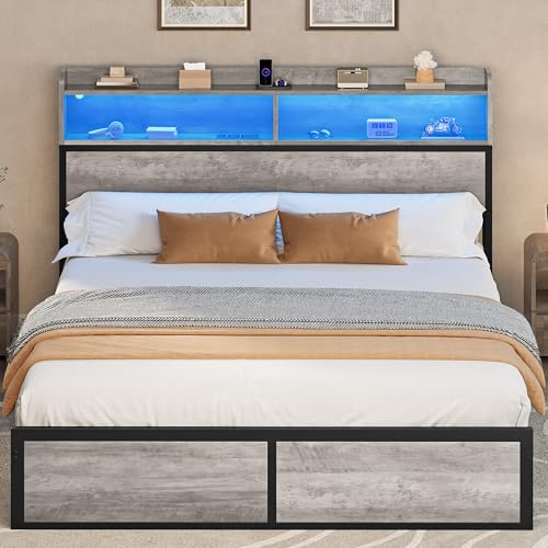 YITAHOME Bettgestell LED mit Kopfteil, USB-Anschlüssen,Grau 200X180CM | Ladebuchsen, Metall-Plattformbett mit 2 Ablageböden, ohne Matratze