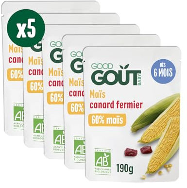 GOOD GOÛT - Maïs Et Canard Fermier Pour Bébé - Dès 6 mois - Purée - Fabriqué En France - Sachets Micro-Ondables - 5x190g