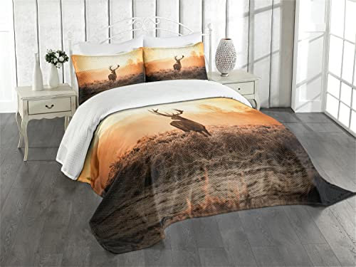ABAKUHAUS Jagd Tagesdecke Set, Deer Morning Sun, Set mit Kissenbezügen Waschbar, für Doppelbetten 220 x 220 cm, Orange Braun