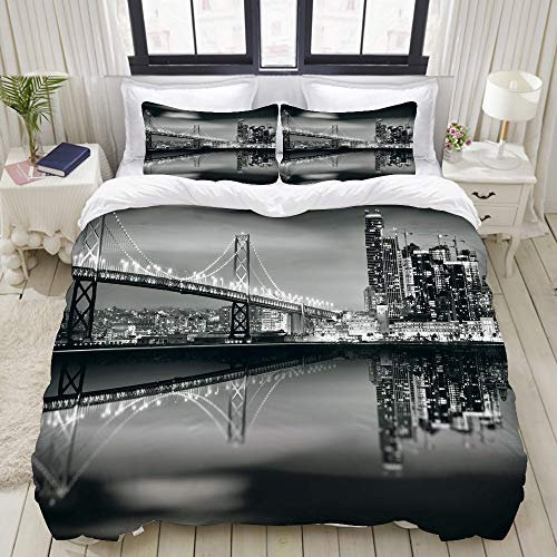 FOURFOOL Bedding Bettwäsche-Set,San Francisco Bay Bridge-Metropolen-Panorama-Ansicht mit Wolkenkratzern Print,Mikrofaser Bettbezug und Kissenbezug - (135 x 200 cm)