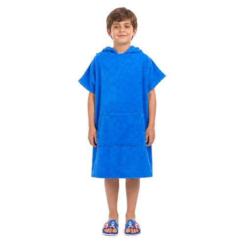 ALLEN & MATE 100% BAUMWOLLE Kinder-Strandtuch-Poncho – Übergroßer, schnelltrocknender Bademantel zum Umziehen mit Kapuze und Tasche für Jungen und Mädchen (6–9 Jahre, Königsblau)