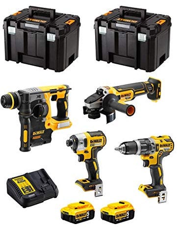 DeWALT Kit DWK400 (Trapano a percussione DCD796 + Martello Perforatore DCH273 + Mini Smerigliatrice DCG405 + Avvitatore a impulsi DCF887 + 2 Batterie da 5,0 Ah + Caricatore + 2 x TSTAK VI)