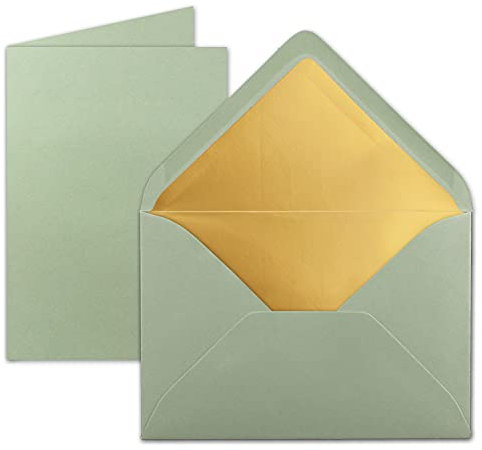 FarbenFroh by GUSTAV NEUSER 50 Sets - Faltkarten DIN A5 - Eukalyptus (Grün) mit Umschläge DIN C5 mit Gold Metallic Futter - 14,8 x 21 cm