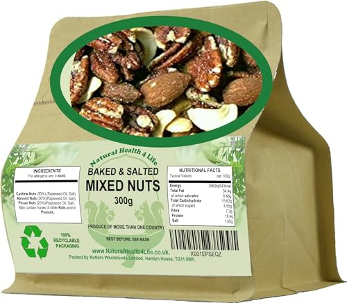 Natural Health 4 Life Baked & Salted Mixed Nuts 300g, Cashews, Almonds & Pecans, Vegan & Gluten Free, High Protein & Fibre, Mix Nuts Snack in Eco-Friendly Kraft Foil-Lined Pouch (1 Pouch)