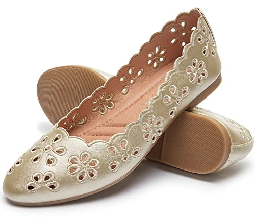 FRACORA Women's Ballet Flats Black PU Leather Dress Shoes Comfortable Round Toe Slip on Flats with Breathable Eyelets, Gold, 9 UK