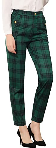 Allegra K Damen Weihnachten Vintage Elastische Taille Gerade Kariert Chinohose Hose Grün L