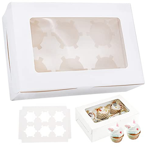 Cisolen 15 Stück Cupcake Boxes Cupcake Transportbox Wiederverwendbar Cupcake Muffin Box mit Fenster Einlage Patisserieschachteln Box Karton Kuchenkartons mit großem Sichtfenster 6 Löchern