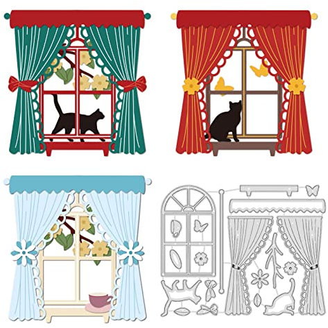 INFUNLY Window Dies Cuts Curtain Metal Cutting Dies Frame Cutting Dies for Card Making Cat Butterfly Pattern Clearance Embossing Dies for DIY Scrapbooking Decor