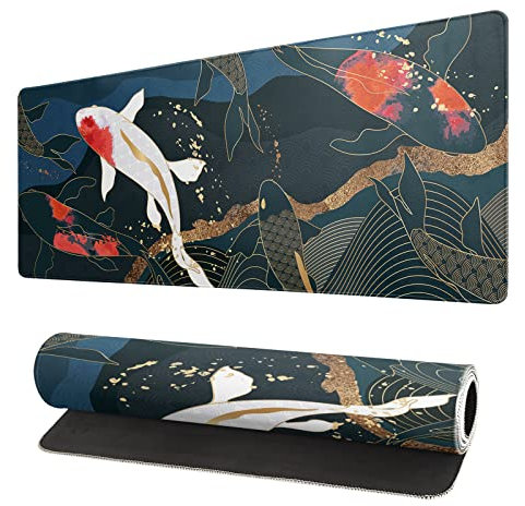 Fish Art Mouse Pad Abstract Desk Mat 31.5x11.8 Inch Japanese Non-Slip Rubber Base Large Gaming Mousepad Stitched Edges Keyboard Mouse Mat for Home and Office