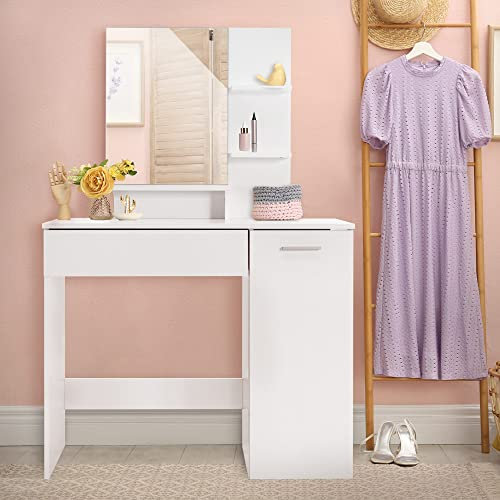 ML-Design Schminktisch mit Spiegel, Frisiertisch mit Schublade, 90 x 38 x 138 cm, Weiß, modern, Frisierkommode, Schminkkommode, Make-up Tisch, Schminktischset, Kosmetiktisch mit Unterschrank