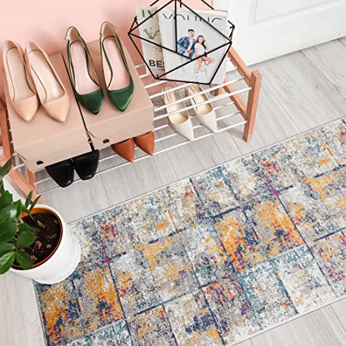 Mazovia Teppich Läufer Flur - Modern Abstraktes Teppichläufer - Kurzflor Flurläufer für Vorzimmer, Schlafzimmer, Küche - ÖKO-TEX Zertifiziert - Meterware - Grau Gelb - 70 x 400 cm