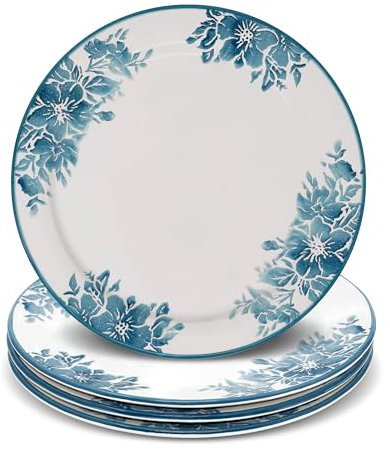 Lashuma Lot de 4 assiettes plates rondes en céramique Motif fleurs Bleu gentiane Diamètre 25 cm