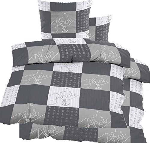 KH-Haushaltshandel 4-TLG. Seersucker Bettwäsche 2X 135x200 +80x80cm, grau kariert, AHOI, bügelfrei, Microfaser(60358)