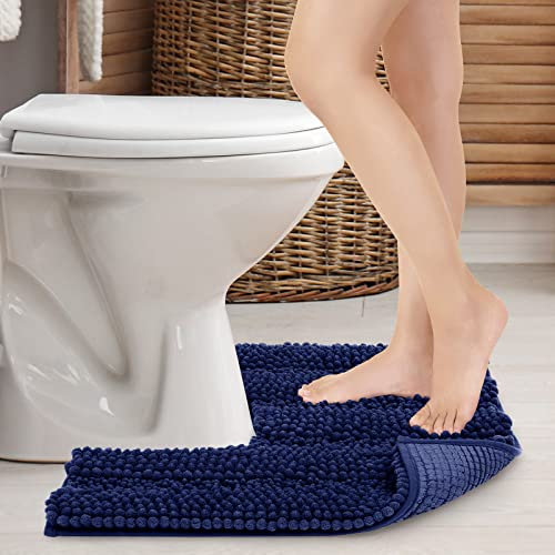 JARITTO Non Slip Toilet Mat Pedestal Mat for Toilet Bathroom Shower WC Bath Mat Rug Absorbent Machine Washable Microfiber Chenille Thickened Soft - U Shape 51x51cm (Dark Blue)