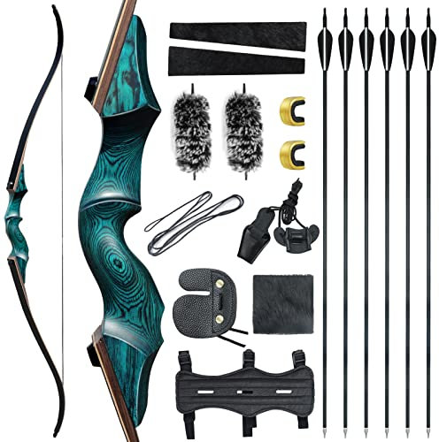 Black Hunter Original Recurvebögen Bogen und Pfeil für Erwachsene Jagdbogen Bogenschießen Bogen 60 20-60 lbs Rechtshänder Holzriser mit gemischten Carbonpfeilen für Outdoor-Schießwettbewerbe (50lbs)