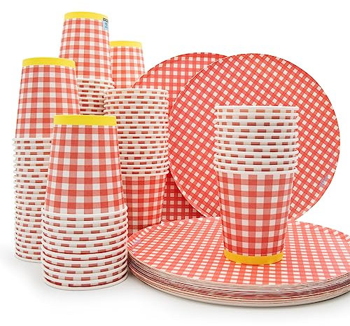 Wellsamed WELLSACUP 100 Stück Pappbecher 180 ml mit Teller, Rot Kariert, geeignet für Heiß- und Kaltgetränke, Coffee to Go, Business, Weihnachten, Party