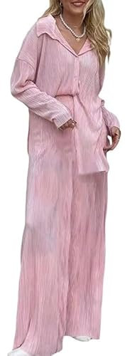 ASKSA Damen 2 Teiler Casual Outfits Sommer Plissee Set Zweiteiler Langarm Hohe Taille Lange Hosen Loungewear (Rosa,L)